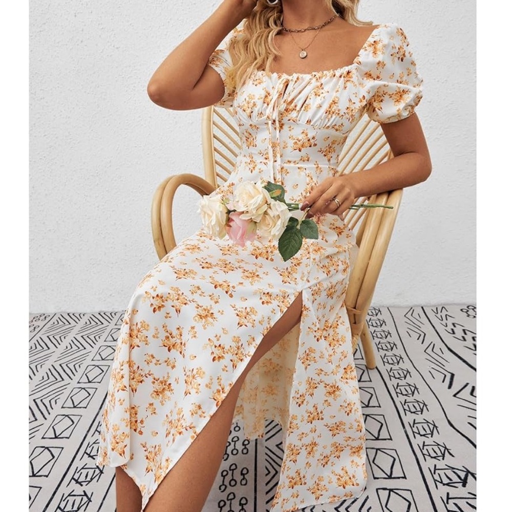 Floral Women's Dress - Cream and Orange
